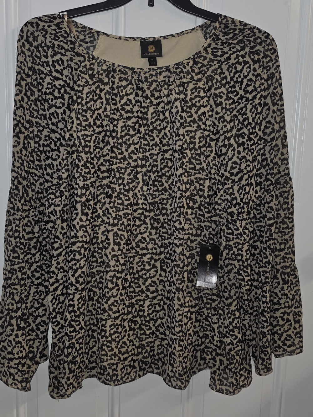 JM Collection Leopard-Print Peasant Blouse - Black & Cream